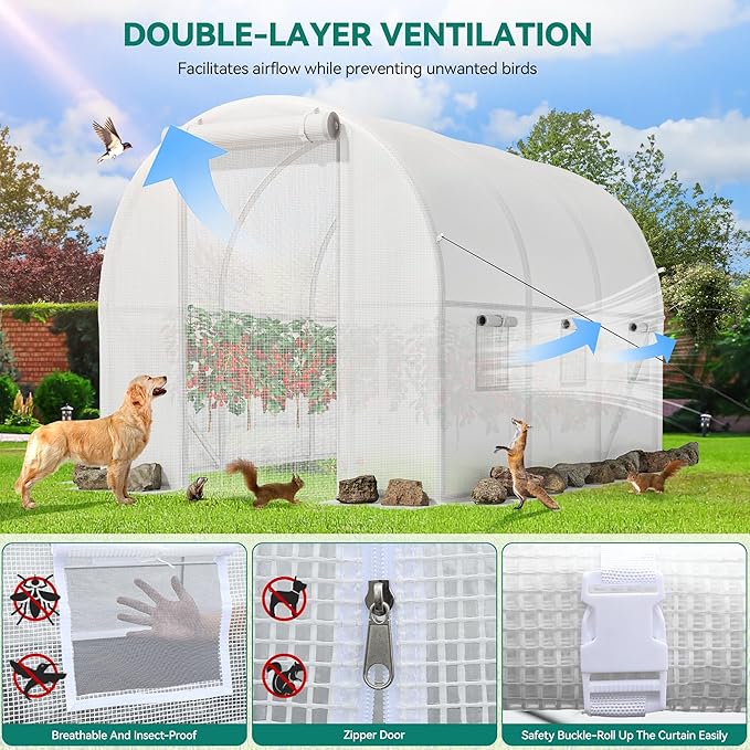 YITAHOME 10x6.5x6.5ft Greenhouses Large Walk-in Green House Heavy Duty Tunnel Green Houses Outdoor Portable Plant Gardening Upgraded Galvanized Steel Frame Zipper Doors 5 Crossbars Garden White