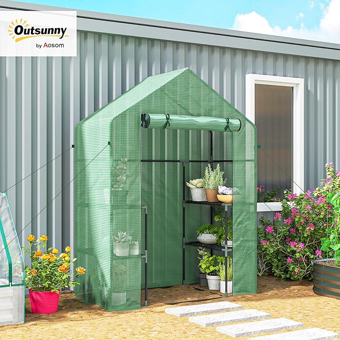 Outsunny 56 x 29 x 76 Portable Walk-In Garden Greenhouse with Built In 3-Tier Shelves