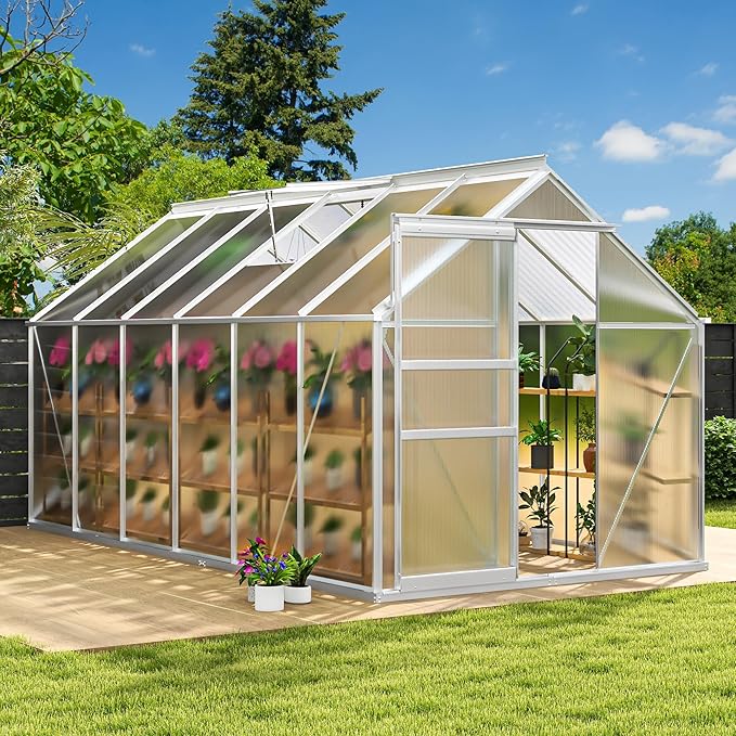 DWVO 6x12FT Polycarbonate Greenhouse for Outdoors Large Heavy Duty Aluminum Greenhouses with Sliding Doors and Vent Window Walk-in Greenhouse for Garden Backyard Easy to Setup Silver