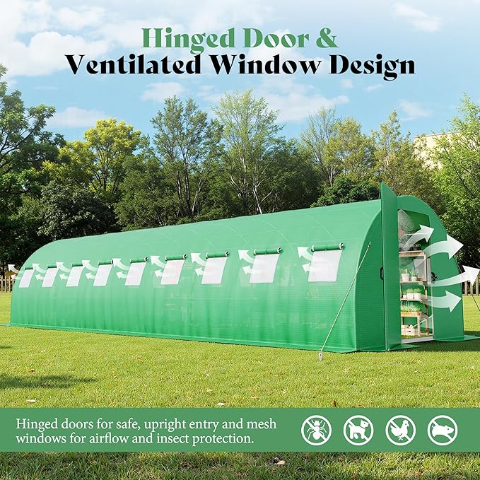 AMERLIFE 30×10 FT Tunnel Greenhouse with Built-in Sprinkler System Walk-in Greenhouse for Backyard Gardening Heavy Duty Galvanized Steel Frame &amp Waterproof PE Cover Green