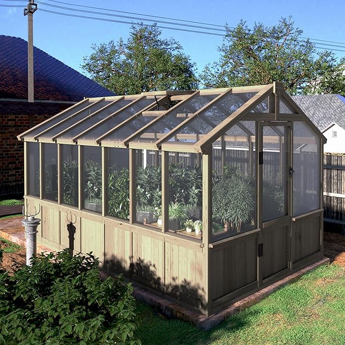 VEIKOU 8x14 FT Greenhouses for Outdoors Walk-in Wooden Greenhouse with Cedar Frame &amp Adjustable Vents Garden Green House with 6MM Thick Polycarbonate Panel for Outside Backyard Light Brown Moc