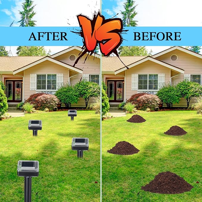 Solar Mole Repellent Ultrasonic Powered Outdoor Sound Wave Deterrent for Lawn Garden Snakes Moles Gophers Groundhogs Voles and Other Burrowing Mice(6 PiecesLarge)
