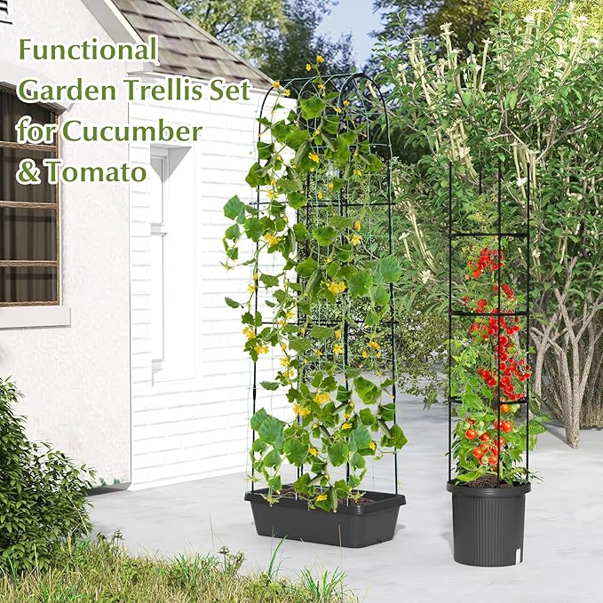 Happygrill 2 Pack Tomato Cage Metal Garden Trellis w/Adjustable Height &amp Self-Watering System for Vines Potted Plants Vegetables Tall Plant Support Tomato Trellis w/Planter Box
