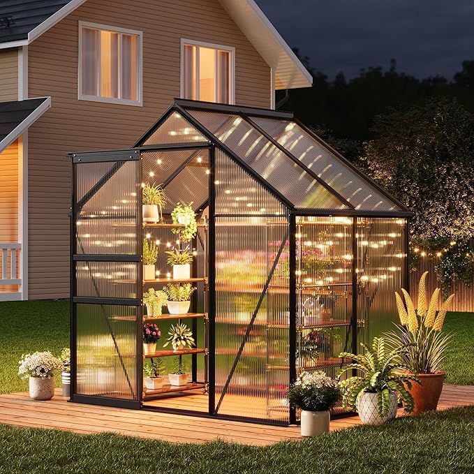 6x4FT Greenhouse for Outdoors Walk-in Polycarbonate Greenhouse with Sliding Door Adjustable Roof Vent &amp Gutter System Portable Outdoor Green House Kit for Winter Gardening