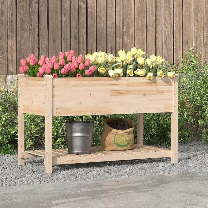 Raised Garden Bed with Legs 47.2x23.6x30in Wooden Raised Garden Box with Bed Liners Storage Shelf for Outdoor Garden Patio Elevated Wood Planter for Vegetables Fruits Flowers