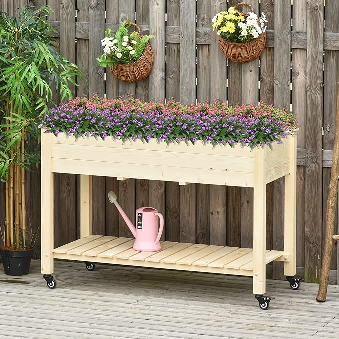 Raised Garden Bed 47 x 22 x 33 Elevated Wooden Planter Box w Lockable Wheels Storage Shelf and Bed Liner for Backyard Patio Natural