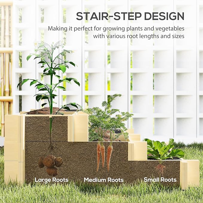 Outsunny 3-Tier Raised Garden Bed with 5 Compartments and Bed Liner Fir Wood Elevated Planter Box for Vegetables Herbs Outdoor Plants 37 x 37 x 14in Natural