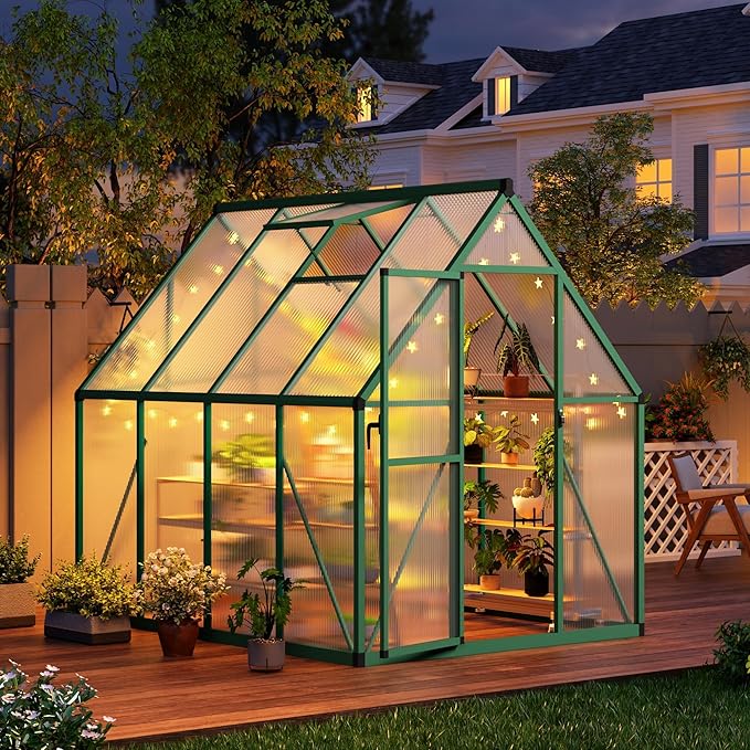 6×7FT Greenhouses for Outdoors Aluminum Polycarbonate Greenhouses with Roof Vent - Heavy-Duty Walk-in Green Houses for All-Season Backyard Gardening