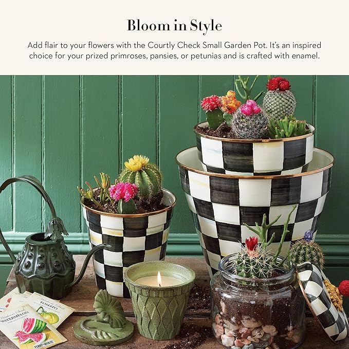 MACKENZIE-CHILDS Enamel Garden Pot Planting Pot for Plants and Flowers Small Black-and-White Courtly Check