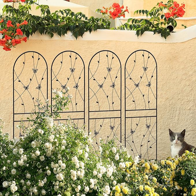 4 Pack Large Garden Trellis Heavy Duty Rustproof Iron Plant Trellis for Potted Plant Support Metal Climbing Rose Trellis Vine Vegetable Cucumber Black -71 H x 19.7 W