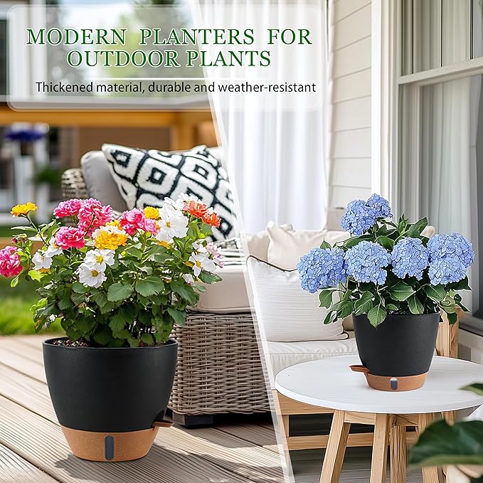 Self Watering Pots for Inoor Ourdoor Plants 10/9/8/7/6.5 Inch Plastic Planters with Drainage Holes &amp Water Level Indicator Decorative House Flower Nursery Planting Pots with Saucers (Black)
