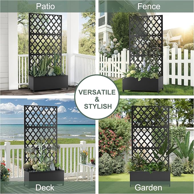 Metal Large Garden Bed with Trellis &amp Wheels Planter Box with Privacy Screen for Climbing Plants Privacy Planters for Patio 35 L Garden Boxes with Drainage Holes (Black Diamond)