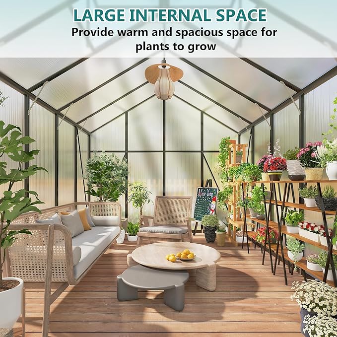 Greenhouse for Outdoors 8x14x7.8FT Polycarbonate Greenhouse with Stronger Wind Protection and Roof Vent Walk-in Large Aluminum Sunroom Winter Proof Black