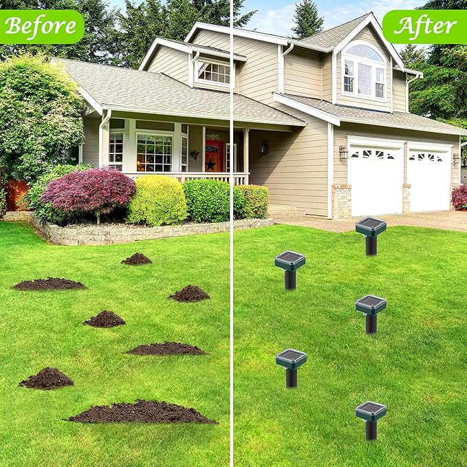 Mole Repellent for Lawns 4 Pack Solar Powered Mole Repeller Ultrasonic Gopher Repellent Outdoor Waterproof Vole Vibration StakesSonic Gopher Deterrent Yard for Rodent Groundhog Snake Chipmunk