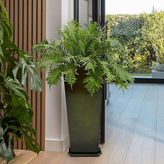 Worth Garden 28 Large Metal Glazed Planter Set of 2 Luxurious Glossy Finish Green Tall Square Tapered Steel Plant Pots Decor Flower Pot Indoor &amp Outdoor Drainage Hole &amp Dual-Purpose Plant