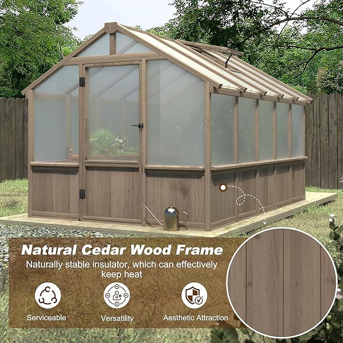 VEIKOU 8x10FT Greenhouses for Outdoors Walk-in Wooden Greenhouse with Cedar Frame &amp Adjustable Vent Garden Green House with 6MM Thick Polycarbonate Panel for Outside Backyard Light Brown Mocha