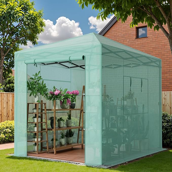 Greesum 8x6 FT Portable Pop-up Greenhouse with Center Lock PE Cover Zippered Door and 2 Roll-up Windows Easy Assemble(Green)