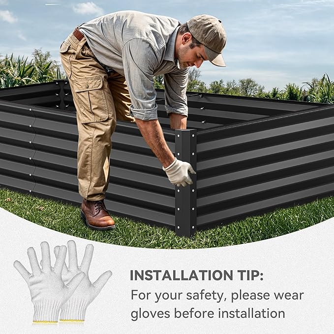 YITAHOME 2pcs 8x4x1.5ft Outdoor Raised Garden Bed Kit Large Metal Patio Planter Box with Gloves Support Rod and Safe Edge Curling Design for Plants Vegetables Flowers Black