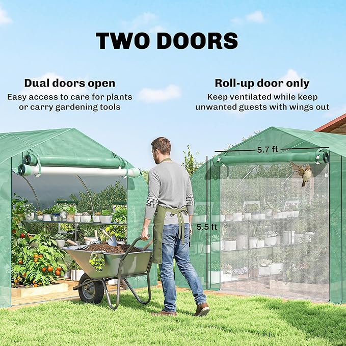 Outsunny 10'x11'x6' Walk-in Tunnel Greenhouse with Shelves Mesh Door and Windows Plant Hot House with PE Cover Outdoor Green House for Patio Lawn Garden Green