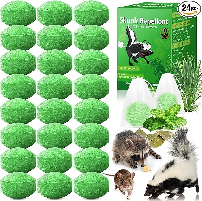 24 Pack Peppermint Skunk Repellent Raccoon Repellent Ball for House Garage Garden Car Engine Indoor Raccoon Deterrent for Outdoor Keep Skunks and Raccoons Out Natural Ingredients Pet Safe Green