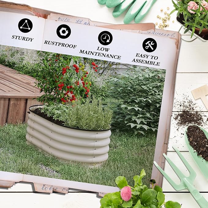 Outsunny 3.5' x 2' x 1.4' Galvanized Raised Garden Bed Kit Outdoor Metal Elevated Planter Box with Safety Edging Easy DIY Stock Tank for Growing Flowers Herbs &amp Vegetables Cream