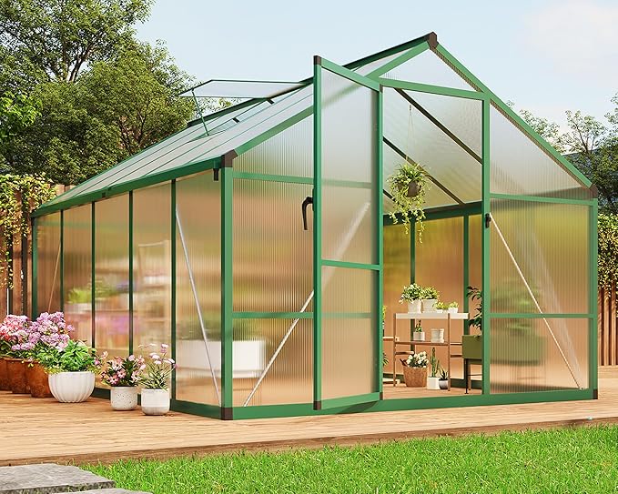 8X10FT Outdoor Greenhouse Aluminum Polycarbonate House Green Houses for Outside with Sliding Doors Ajustable Roof Vent Withstands Bad Weather for Garden or Backyard Green