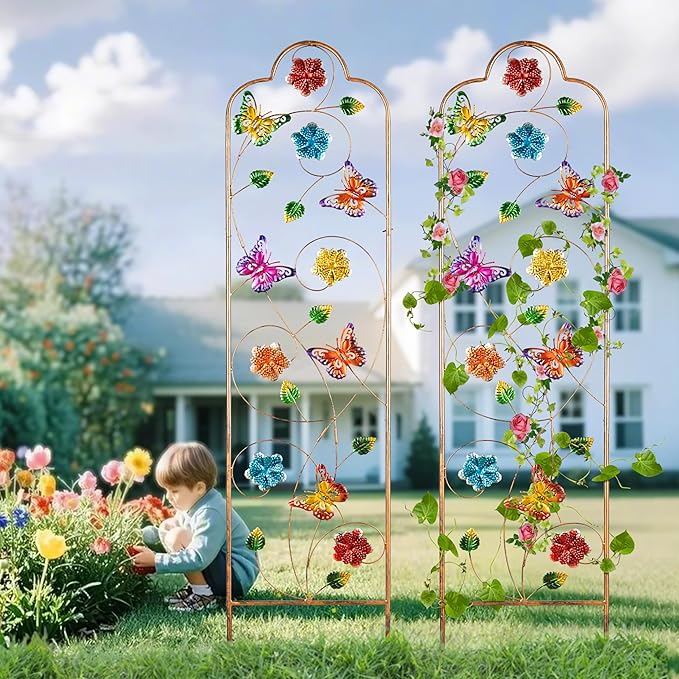 60”Trellis for Climbing Plants2Pack Outdoor Garden Trellis Metal with Colorful Butterfly Ideal for Climbing Plants Outdoor Decorative Metal Trellis for Your GardenGifts for Mom