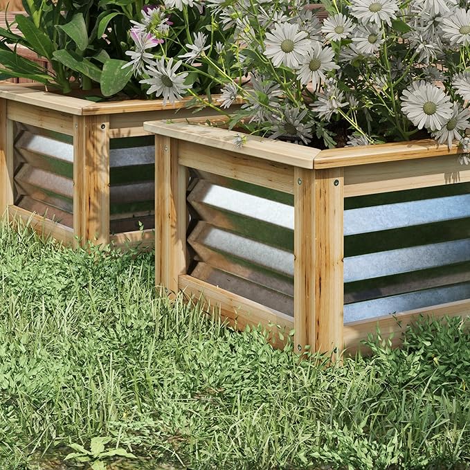 Outsunny Raised Garden Bed Set of 2 Stock Tanks for Growing Flowers Galvanized Metal Reinforced with Wood Planters for Outdoor Plants Herbs and Vegetables
