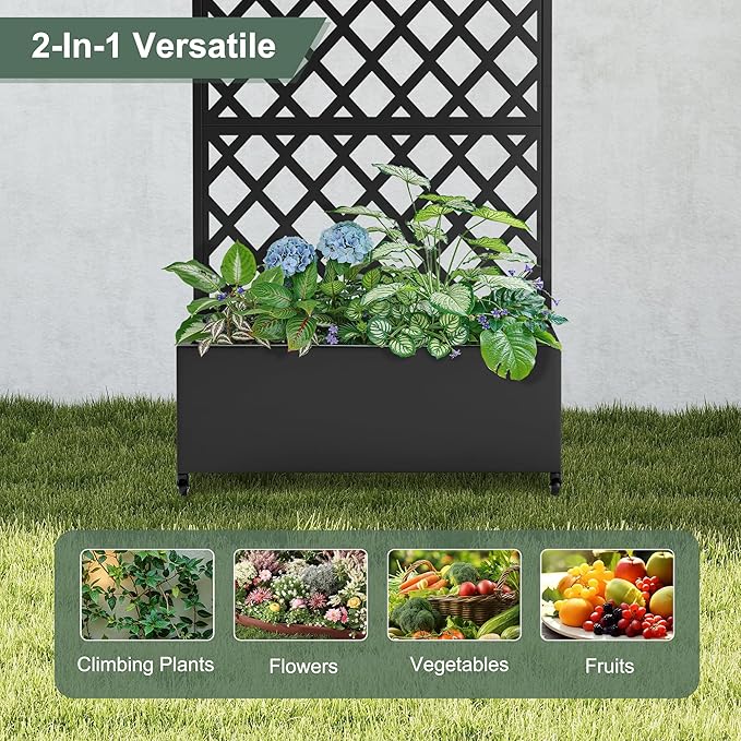 Metal Large Garden Bed with Trellis &amp Wheels Planter Box with Privacy Screen for Climbing Plants Privacy Planters for Patio 35 L Garden Boxes with Drainage Holes (Black Diamond)