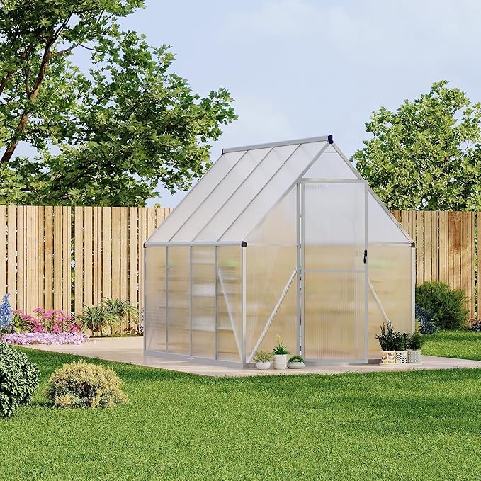 6x7 ft Heavy Duty Polycarbonate Walk-in Greenhouse with Reinforced Aluminum Frame Adjustable Roof Vent and UV Protection Panels for Outdoor Backyard Gardening and Year-Round Plant Care