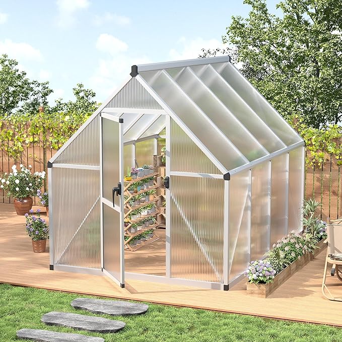6x7 FT Outdoor Polycarbonate Greenhouse with Lockable Door Adjustable Roof Vent and Windproof Aluminum Frame Walk-in Design for Backyard or Lawn