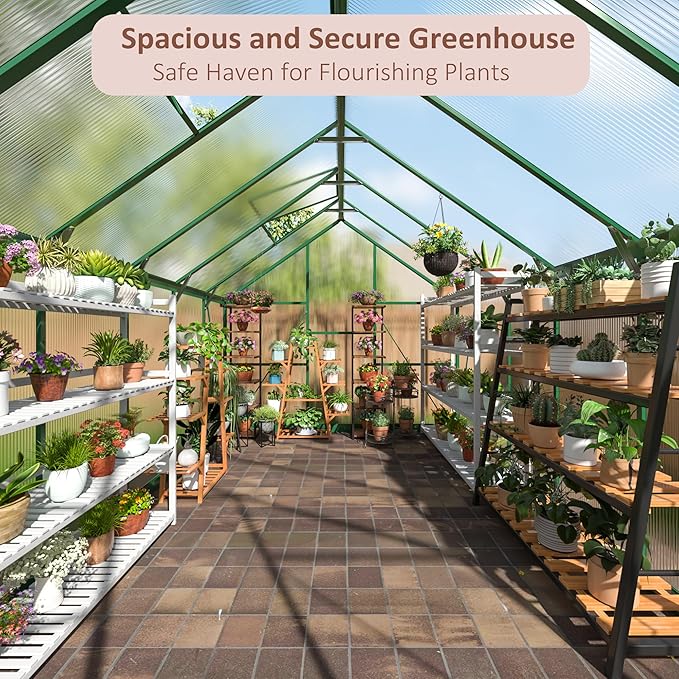 8x12 FT Greenhouse for Outdoors Quick Setup Polycarbonate Greenhouse with Roof Vent Aluminum Large Walk-in Green House for Outside Garden Backyard Green