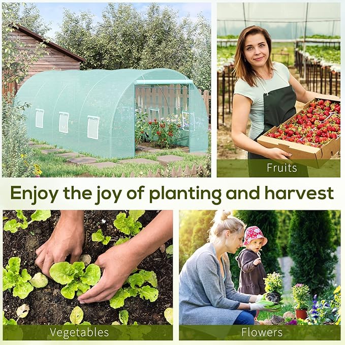 【LuckyNote】 20' x 10' x 7' Walk-in Tunnel Greenhouse Garden Warm House Large Hot House Kit with 8 Roll-up Windows &amp Roll Up Door Steel Frame Green
