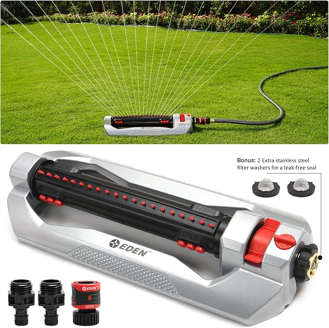 Eden 96216 Heavy Duty Turbo Oscillating Sprinkler Covers Up to 4900 sq. ft. 20 Precision Nozzles Aluminum Base Flow and Width Control Adjustable Range Quick Connects Filters