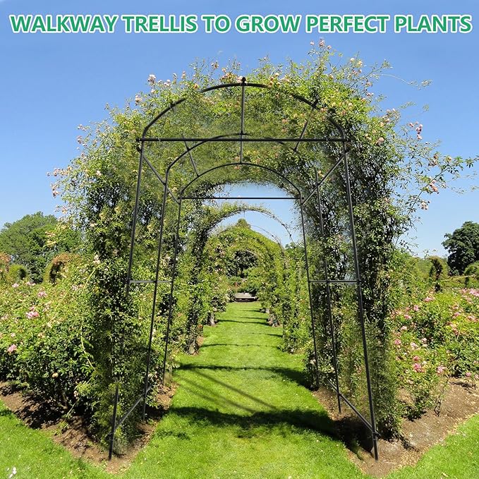 Garden Trellis Arch for Climbing Plants Outdoor - 84 x 72 Inch Cucumber Garden Arch Trellis with Netting Large Mental for Archway Walkway Arbor Flower Vegetables Plants Yard Lawn