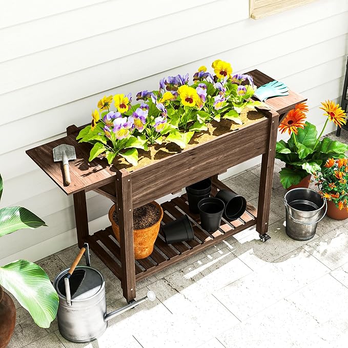 Carbonized Wood Raised Garden Bed Featuring Lockable Wheels Side Shelves Bottom Shelf Hole Drainage Carbonized Surface
