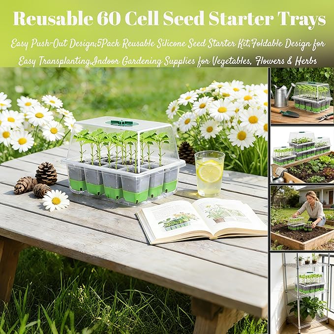 5-Pack Flexible Germination TraysReusable 60Cell Seed Starter Trays With Humidity Dome &amp Lids  Flexible Pop-Out Design BPA-Free Silicone Seedling Kit &amp Dishwasher Safe for Herbs/Vegetables/
