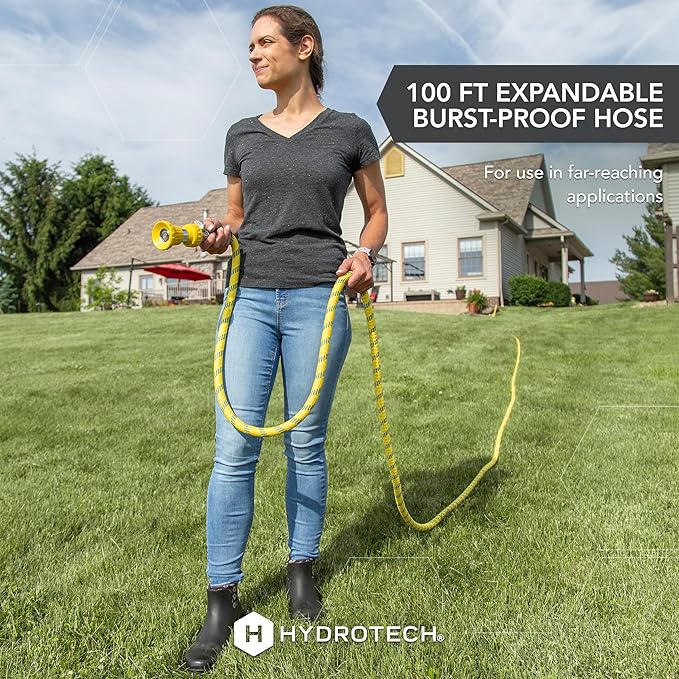 HydroTech 100 ft Expandable Garden Hose - Pro Series 2x Max Flow 3/4 No-Kink Flexibility Lightweight Hose for Lawn Garden Car Washing Deck and Patio Cleaning