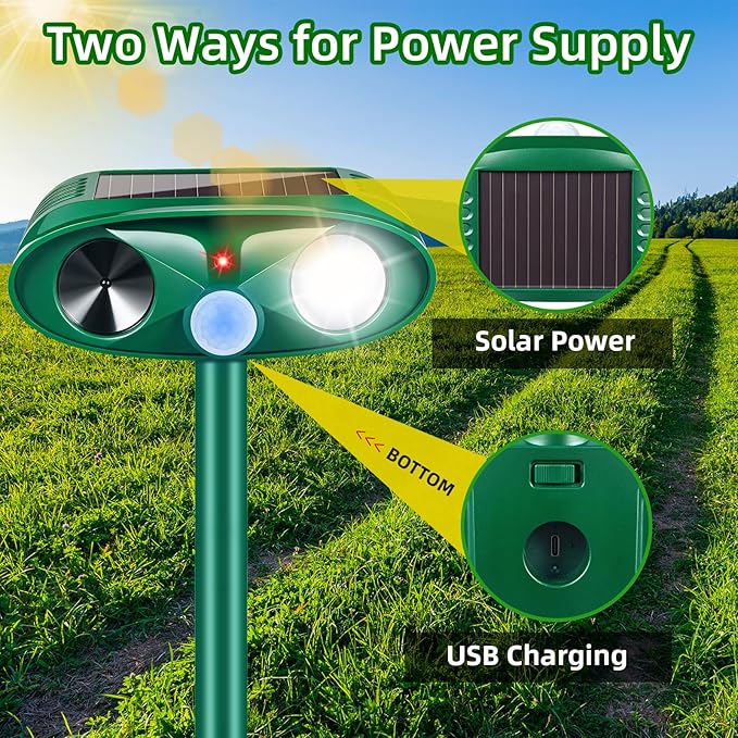 2026 Upgraded Solar Ultrasonic Animal Repellent Outdoor Cat Deer Repellent with Motion Sensor Strobe Light IP65 Waterproof Repeller Keep Rodent Squirrel Raccoon Opossum Skunk Out of Yard Farm4 Pack