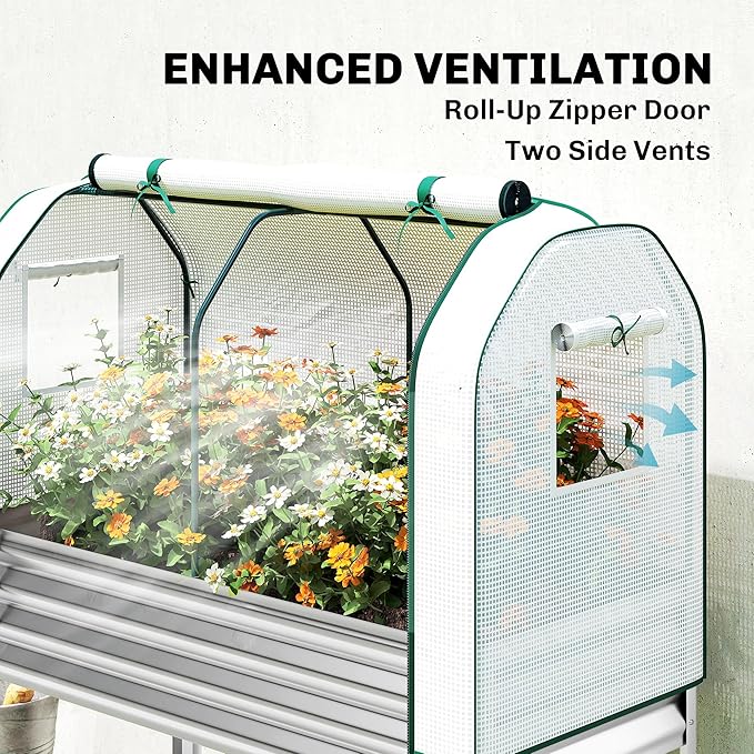 Outsunny Galvanised Raised Garden Bed with Greenhouse Cover Metal Elevated Garden Bed with Legs Bed Liner and Bottom Shelf Outdoor Raised Planter Box for Vegetables Herbs Flowers Silver