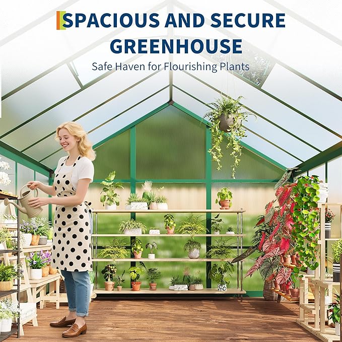 8x12 FT Greenhouse Easy Assembly Aluminum Polycarbonate Greenhouses for Outdoors with Roof Vent Large Aluminum Walk-in Greenhouse for Sunroom Patio Backyard Garden Sliding Lockable Door Green