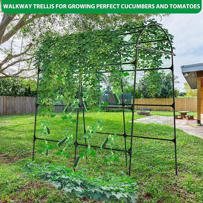 Garden Trellis Arch for Climbing Plants Outdoor - 84 x 72 Inch Cucumber Garden Arch Trellis with Netting Large Mental for Archway Walkway Arbor Flower Vegetables Plants Yard Lawn