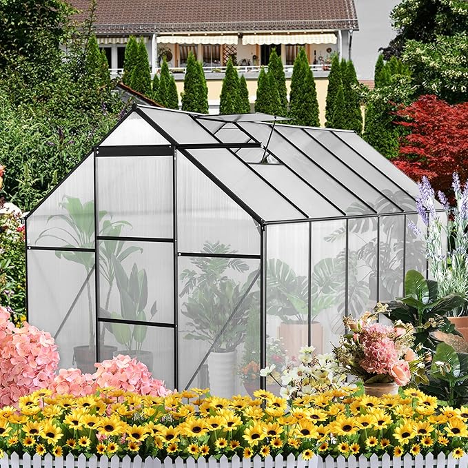 KEIKI 6x12 FT Polycarbonate Greenhouse with Aluminum FrameRaised Base and Roof VentWalk-in Greenhouses for Patio Garden