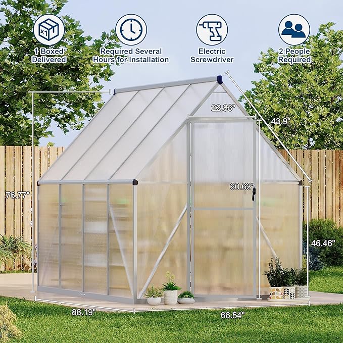 6x7 ft Heavy Duty Polycarbonate Walk-in Greenhouse with Reinforced Aluminum Frame Adjustable Roof Vent and UV Protection Panels for Outdoor Backyard Gardening and Year-Round Plant Care