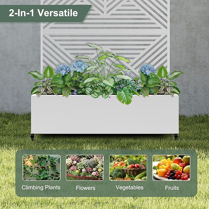 Standing Metal Planter Box with Trellis and Wheels for Climbing Plants Raised Garden Beds with Drainage Holes 47 L×16 W×71 H Privacy Boxes with Trellis (White Zodiac)