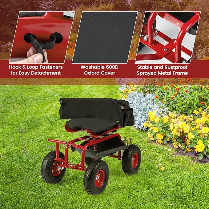 Garden Cart on Wheels 360° Swivel Rolling Outdoor Workseat with Washable Cushion &amp Dual Handles Height Adjustable Garden Stool for Patio Yard (Red)