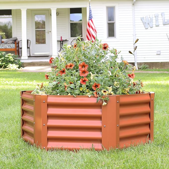 Sunnydaze Galvanized Raised Garden Bed Outdoor - Metal Planter Box for Gardening Vegetables and Plants - 16.25 H Hexagon - Brown