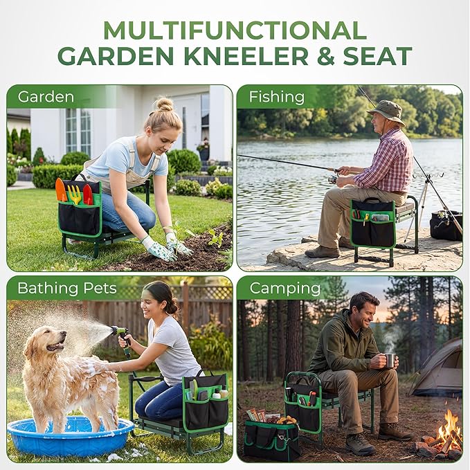 Walensee Foldable Garden Kneeler and Seat with Cross-Body Tool Bag &amp Removable Tool Pouch Heavy Duty Garden Stool with Soft Leather Kneeling Pad No Assembly Ideal Gardening Gift for Women &amp