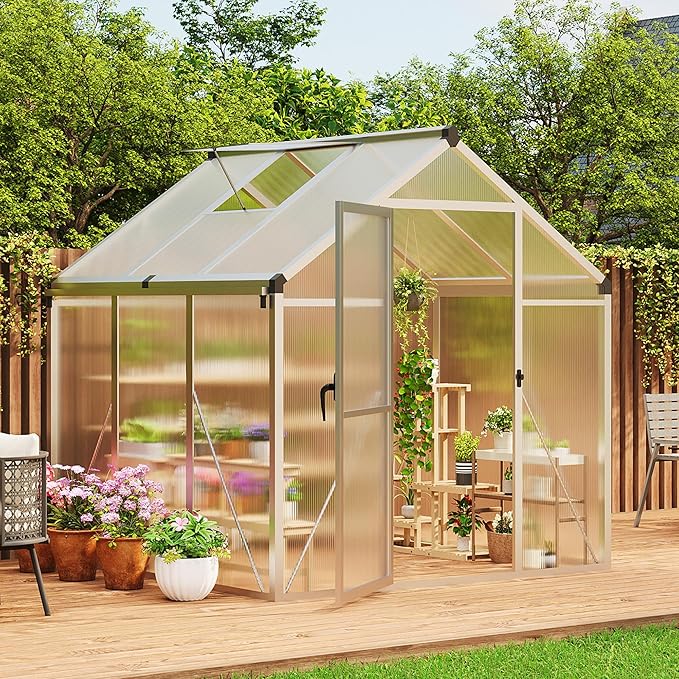 6x6 FT Outdoor Greenhouses Accessible Greenhouses with Roof Vents and Sliding Doors Aluminum Frame Polycarbonate Material Large Greenhouse for Outdoor Gardens and Backyards