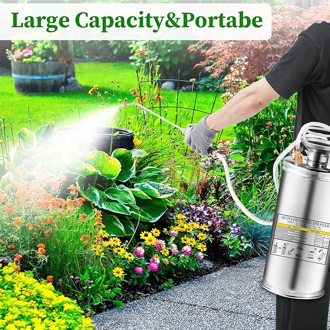 1.5Gal Stainless Steel Pump Up Sprayer Reinforced Hose Hand Pump Sprayer with Pressure Gauge&ampSafety Valve Adjustable Nozzle Suitable for Gardening (1.5 Gallon)